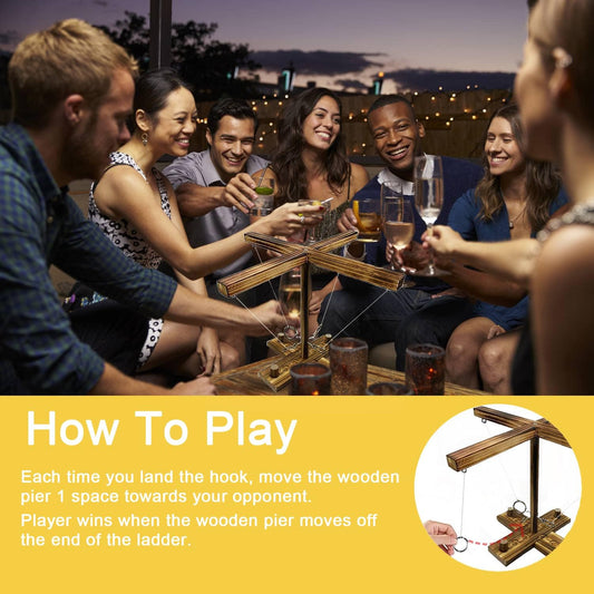 Ring Hook Toss Game, Hook and Ring Tossing Toy with Shot Ladder, Handmade Wooden Interactive Games for Bars, Home and Party Fun