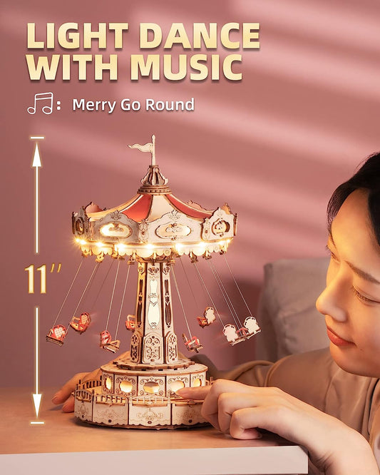 3D Puzzles for Adults-STEM Projects for Kids-LED Swing Ride Model Building Kit-Music Box DIY Kit-Gift for Kids and Adults