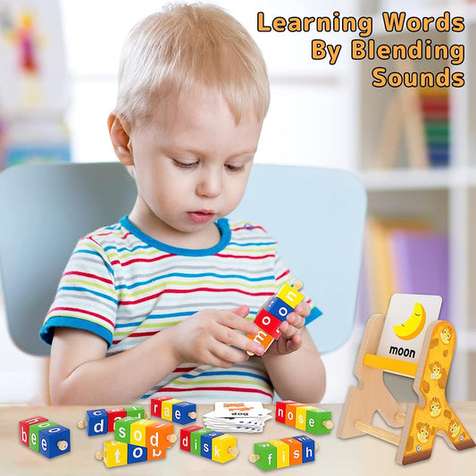 Wooden Reading Blocks Short Vowel Rods Spelling Toys, CVC Words Game Flash Cards Turning Rotating Letter Puzzle, Learning Educational Alphabet Toys for Preschool Boys Girls…