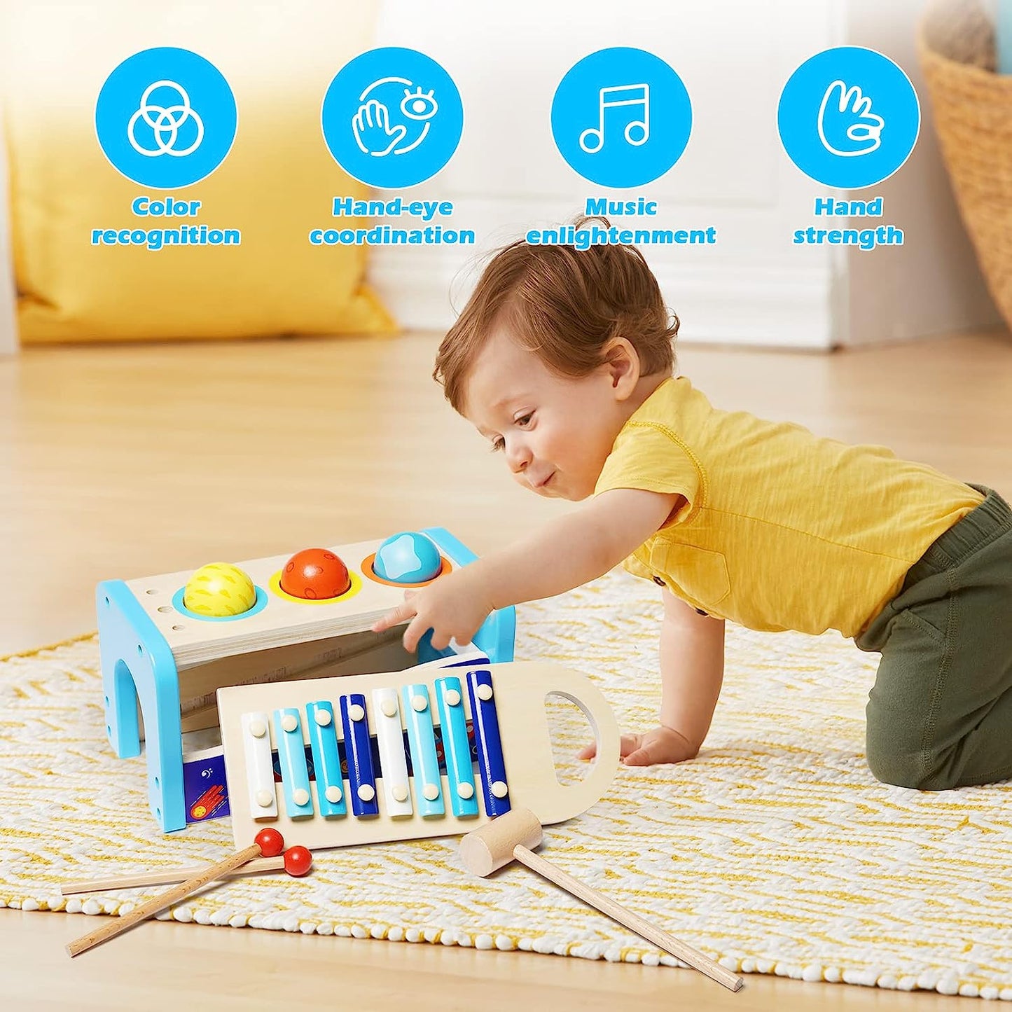 Hammering & Pounding Toys with 3 Wooden Ball Toy for Toddler，Wooden Baby Musical Toys with Hammer and Slide Out Xylophone for Toddlers