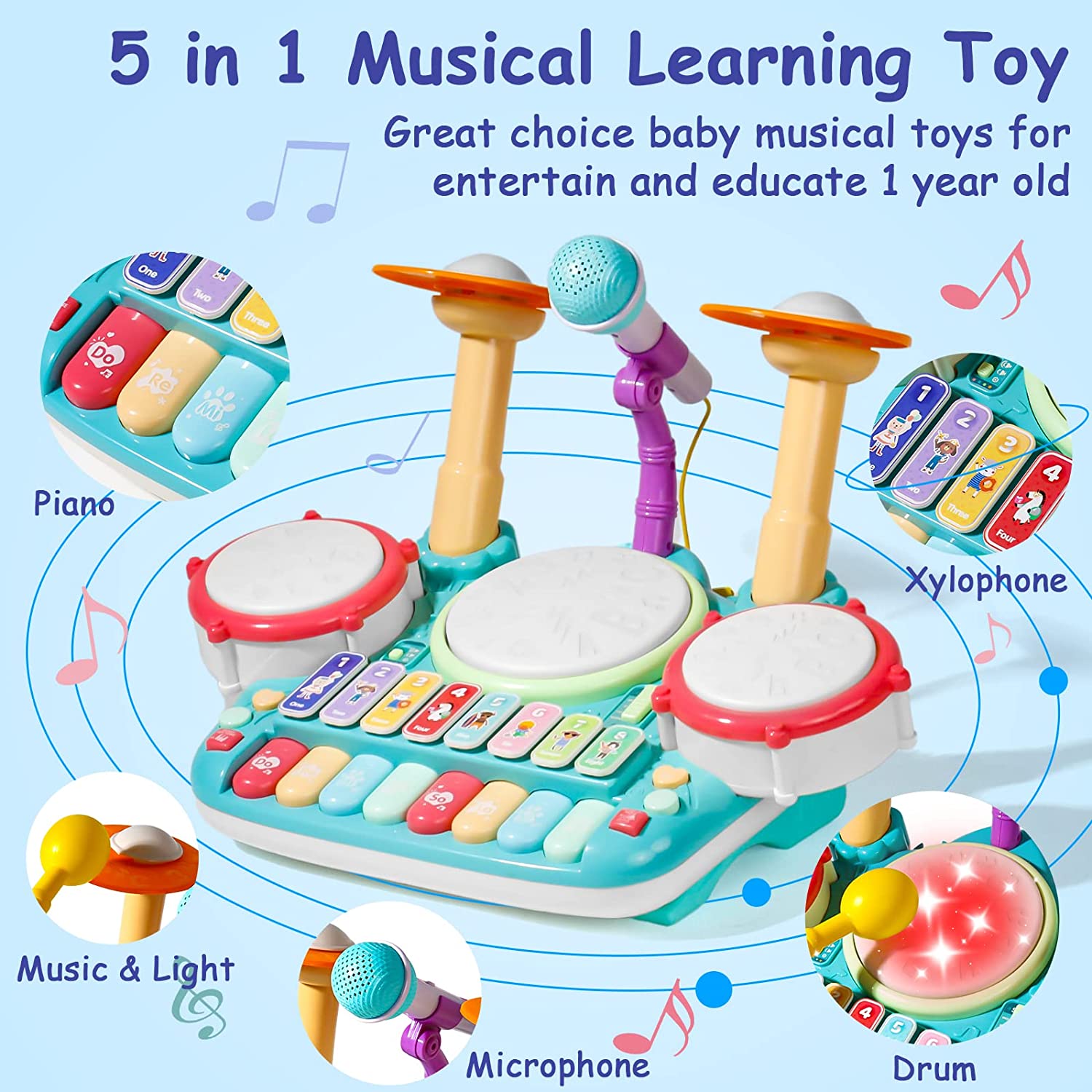 Baby Drum Set Toys for Toddlers 1-3, Kids Musical Instruments Toy for 1 Year Old Girl with Microphone Lights Piano Keyboard Early Learning Educational for 1 2 3 Year Old Girls Boys Birthday Gifts