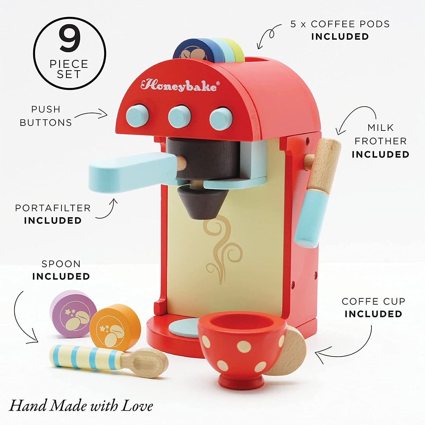 Honeybake Premium Wooden Cafe Machine Set - Pretend Kitchen and Cafe Play Toy Set | Kids Role Play Toy Kitchen Accessories (TV299), Small