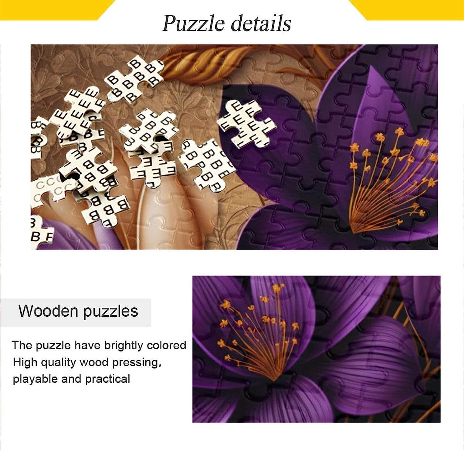 Wooden Jigsaw Puzzle 500 Pieces Purple Crocus Flower-Poster Print, Zigsaw with Alphabet Partition Storage Bag Easy to Solve for Adults