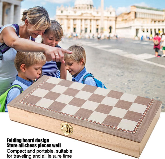 Wooden 3 in 1 Chess Checkers Backgammon Folding Board Portable Travel Tabletop Game Toy