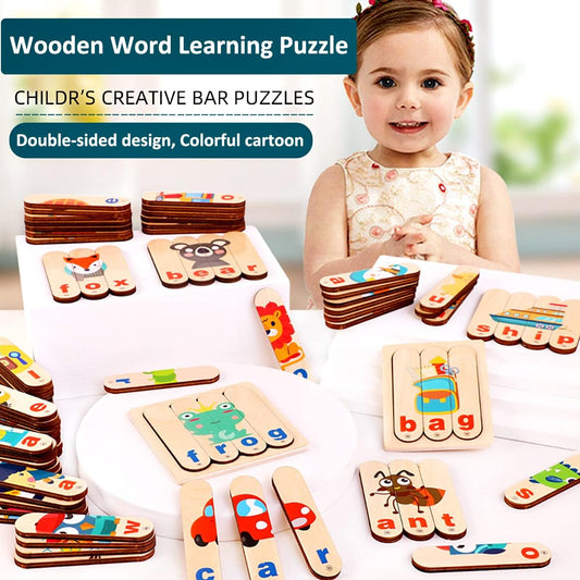 Wooden Word Spelling Puzzle 192 Bar Letters Images Match It Sight Word Game Preschool Educational Toy for Kids(54 Words and Pictures)