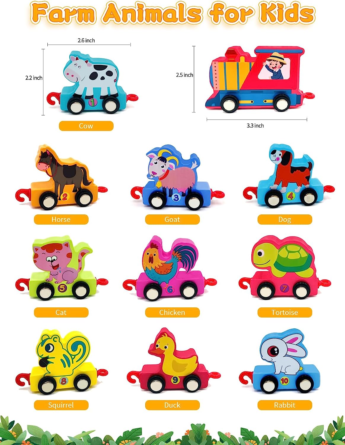 11 PCS Wooden Toy Cars with Numbers, Toddler Toys for 4 3 Year Old Boys Gifts, Toys for 3 4 Year Old Girls Birthday Gifts, Wooden Train Set Dinosaur Toys for Toddler Age 3-4