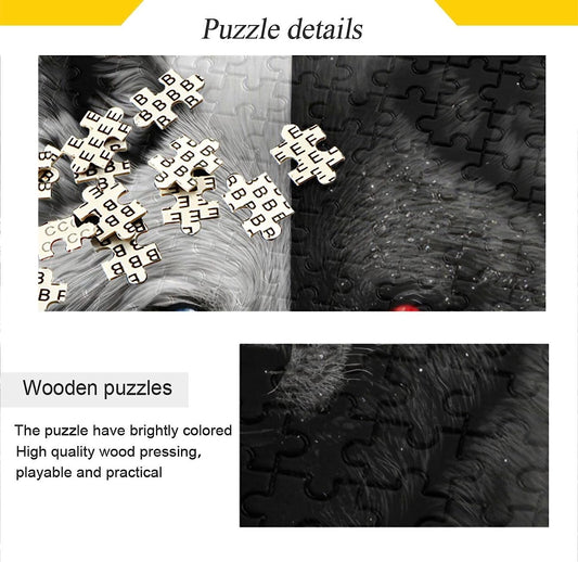 Wooden Jigsaw Puzzle 1000 Pieces Black White Wolf Print, Zigsaw with Alphabet Partition Storage Bag Easy to Solve for Adults