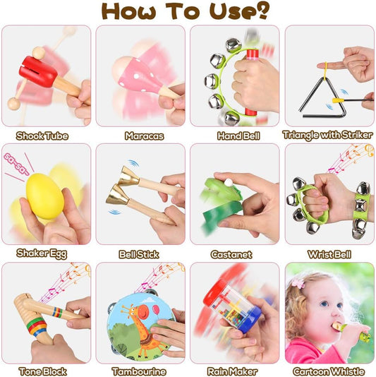 Baby Musical Toys for Toddlers 1-3，23 Pieces 12 Types Multifunctional Wooden Musical Instruments Toys with Drawstring Bag Gifts for 6 9 12 18 24 36 Months Old Boys Girls