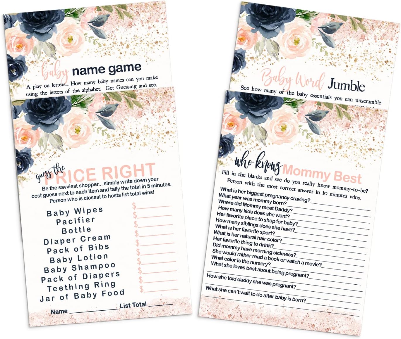 Blushing Baby Shower Game 4-in-1 Bundle (25 Guests) Pack with Guess the Price Right, Who Knows Mommy Best, Word Scramble, Baby Name Alphabet Games Girl - Floral Theme Pink and Blue – Printed Cards