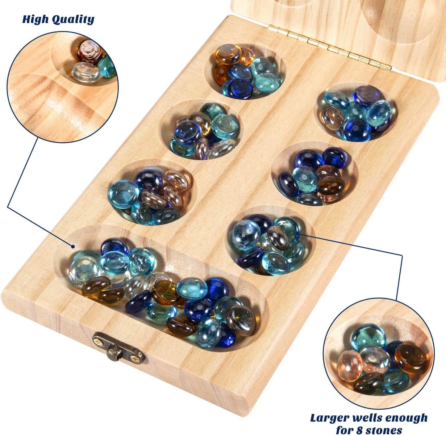Wooden Mancala Board Game Set - Folding Board - 72+8 Bonus Multi Color Glass Stones - Gift Package - Mancale Instructions, Portable Travel Board Game for Kids and Adults