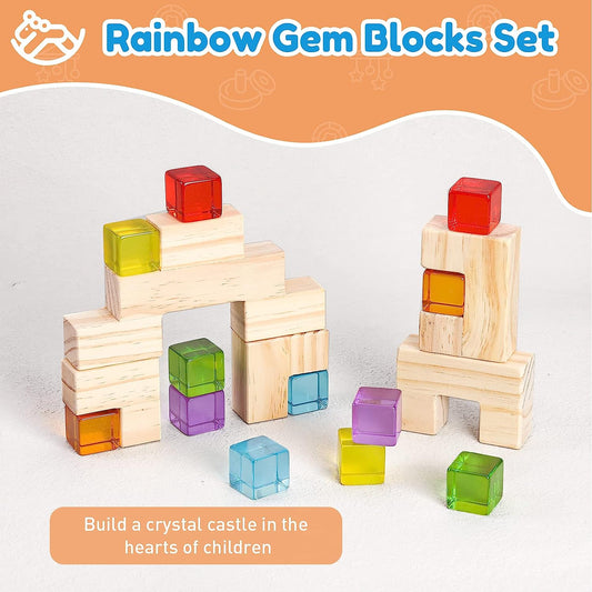Wooden Building Blocks Set for Kids, 12 PCS Rainbow Gem Cubes Stacking Blocks - 5 PCS Wood Blocks, Stacking Toys for Toddlers, Educational Preschool Birthday Gift for Boys Girls 3-6