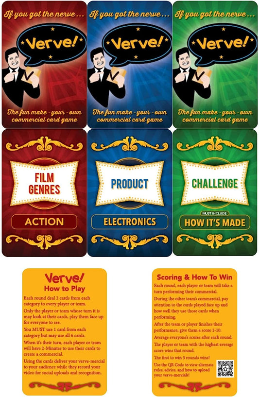 Verve Family Card Games – Fun Social Card Game - Entertain Friends - Create & Perform Commercials - Party Night Group Activity - Travel Size Tabletop Entertainment Gift - Ages 6+
