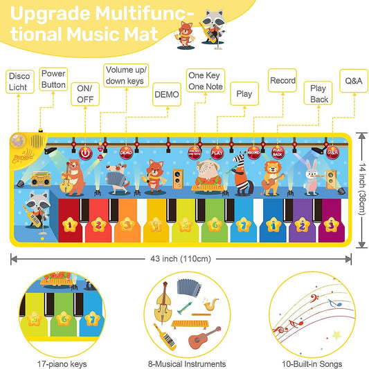Music Piano Mat,Floor Piano Keyboard Mat Animal Touch Playmat,Early Educational Toys for Baby Girls Boys with 25 Music Sounds,Musical Play Mat for Toddlers 1-5