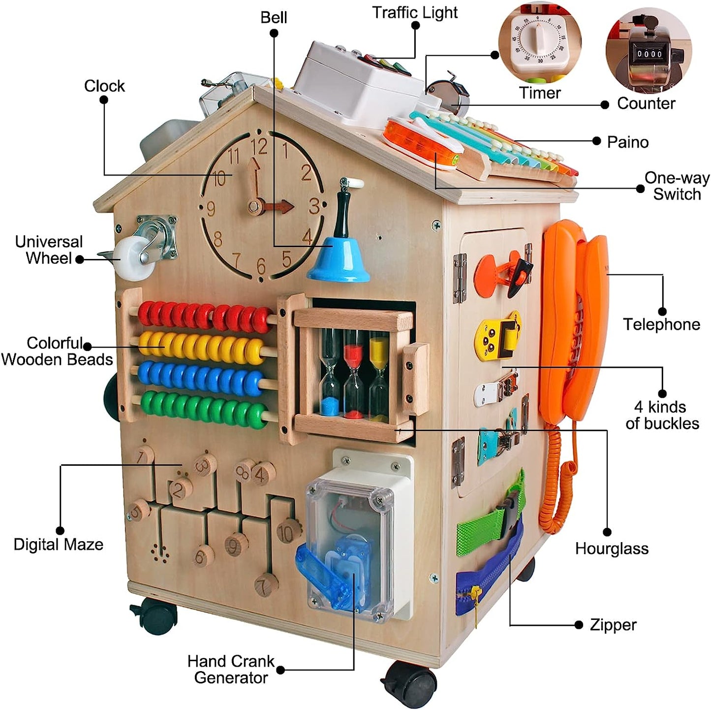 Wooden Busy House Basic Life Skills and fine Motor Training for Children, pre-School Education and Learning Busy Board, Sensory Game Toys, Large Gifts for Boys and Girls