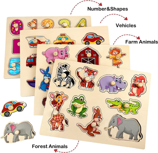 Wooden Peg Puzzles for Toddlers, 4 Pack Toddler Puzzles Set with Wooden Knobs, Preschool Learning Educational Animals Numbers Vehicles Pegged Puzzle Toys for 2 3 Year Old (Style 2)