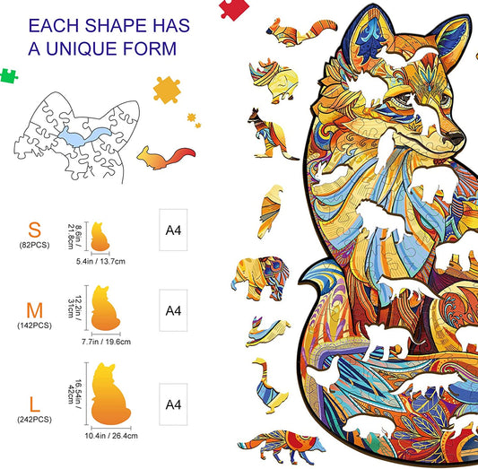 Wooden Jigsaw Puzzles-Wooden Puzzle Adult Unique Shape Advanced Fox Wooden Jigsaw Puzzle for Adult, Family Puzzles,8.6 * 5.4in 82pcs