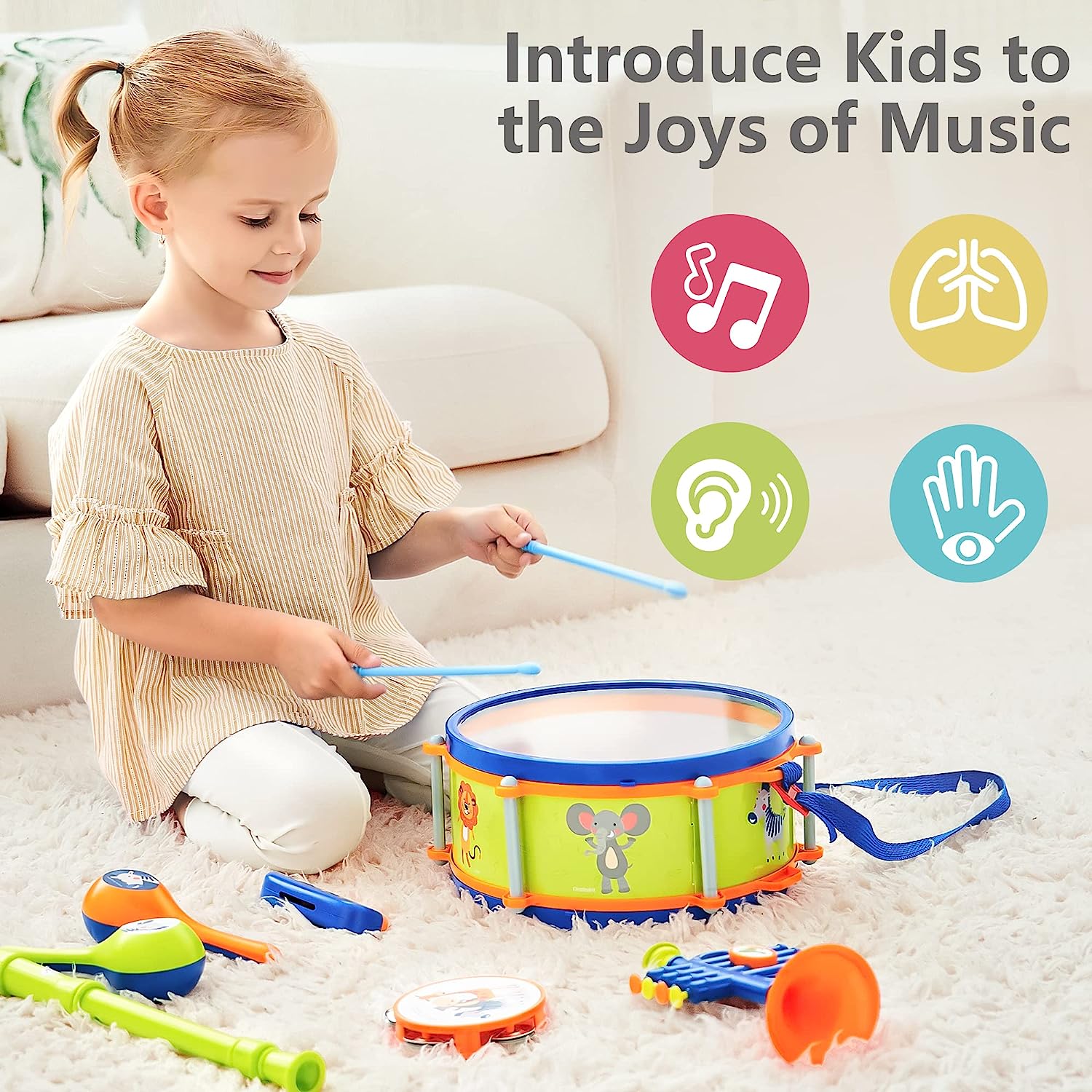 Toddler Musical Instruments Toys, Kids Drum Set, Baby Trumpet, Percussion, Harmonica, Maraca, Flute, Tambourine, Birthday Gifts for 18 Months Olds Ages 2 3 4 5 Years Boys Girls Children