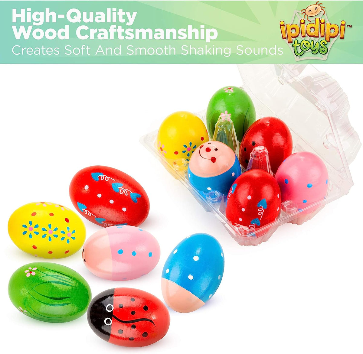 Egg Shakers Maracas for Kids - 6 Pack - Natural, Wooden Musical Toy Percussion Instruments Easter Basket Stuffers for Kids - Sound Making Shakers