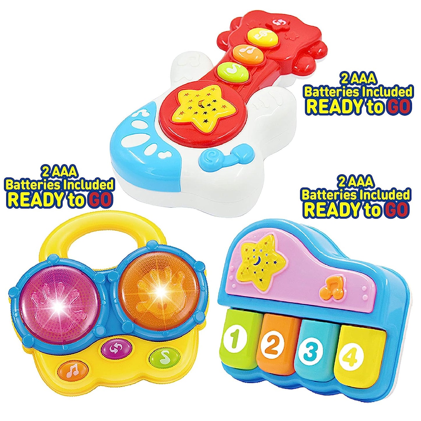 Portable Set of 3 (Piano, Bongo Drums, Guitar) Educational Toy for Music Learning and Entertainment for Ages 6 Months to 4 Years. All 6 Batteries Included.