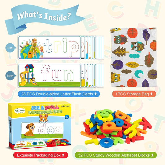 Learning Educational Toys and Gift for 3 4 5 6 Years Old Boys and Girls - See & Spell Matching Letter Game for Preschool Kids - 80 Pcs of CVC Word Builders for Toddler Learning Activities