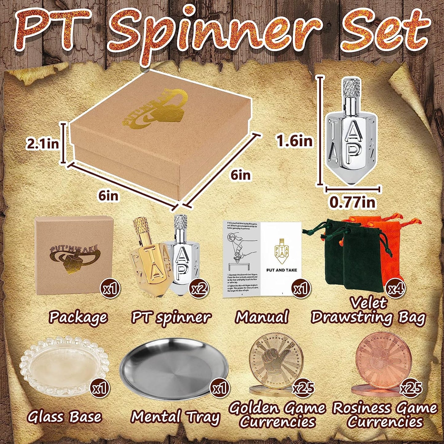 Put and Take Spinner Dice Game, Dice Game of Chance, Gambling top, Plated Brass Set (2 Spinner dice + 1 Glass concave Mirror Base + 1 Mental Tray + 50 Game Currencies)
