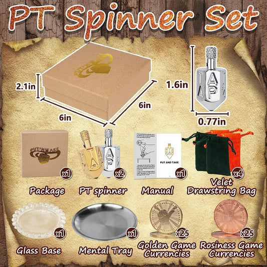 Put and Take Spinner Dice Game, Dice Game of Chance, Gambling top, Plated Brass Set (2 Spinner dice + 1 Glass concave Mirror Base + 1 Mental Tray + 50 Game Currencies)