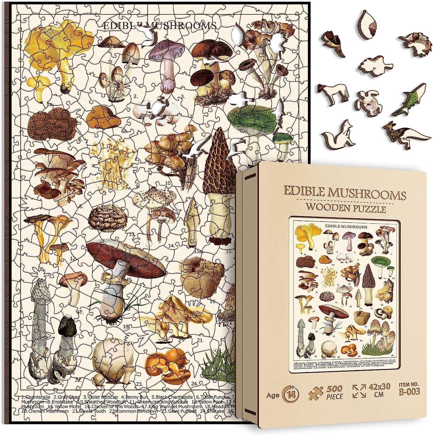 Wooden Vintage Mushroom Puzzle 500 Pieces for Adult, Vintage Fungi Wooden Jigsaw Puzzle of 25 Edible Mushrooms, Champignons Plant Puzzle as Gifts for Mycophile, 15.7 * 11.2 in