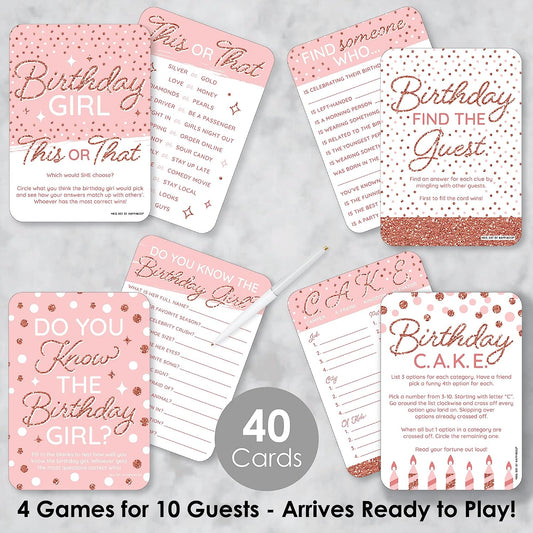 Pink Rose Gold Birthday - 4 Happy Birthday Party Games - 10 Cards Each - Gamerific Bundle