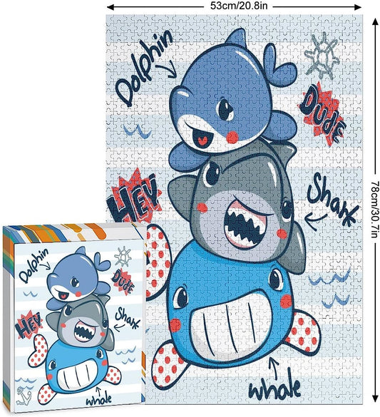Cartoon Whale Shark Dolphin Striped Jigsaw Puzzles Funny Puzzle Toy Gift Wall Art for Family
