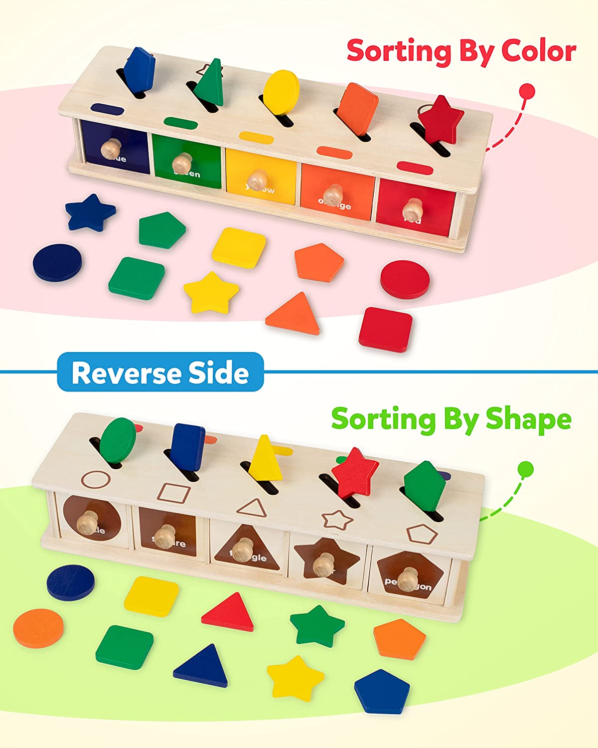 Toys Wooden Color Shape Sorting Box Game Geometric Matching Blocks Early Learning Educational Toy Gift for 3 4 5 Year-Old Baby Toddlers