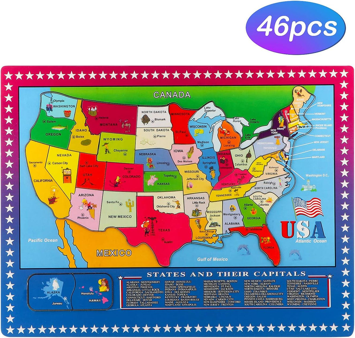 46 Pieces Wooden USA Map Puzzle for Kids US Map Puzzle Educational Geography Puzzles United States Map Puzzle for Boy Girl