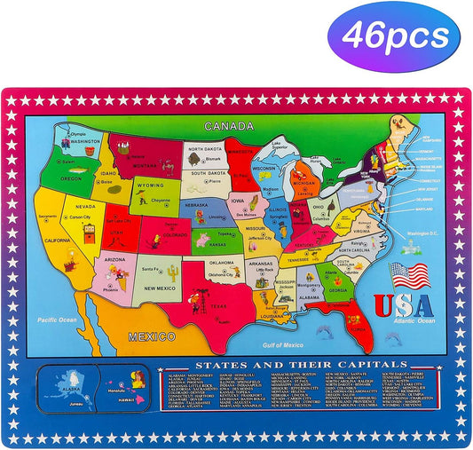 46 Pieces Wooden USA Map Puzzle for Kids US Map Puzzle Educational Geography Puzzles United States Map Puzzle for Boy Girl