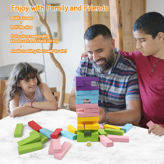 Wooden Colorful Stacking Board Games Builing Blocks for Kids Boys Girls, 54 Pcs Wood Balancing Blocks Toy Gift for Kids, Classic Game for Party with Storage Bag