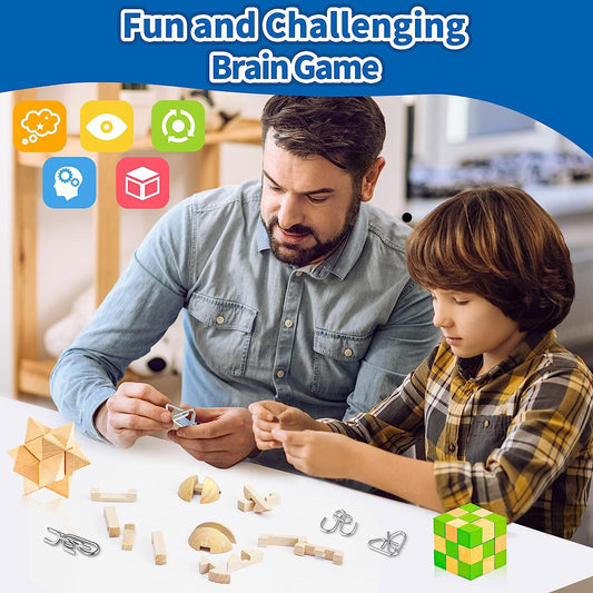 20 Pack Brain Teasers Puzzle Game Toys Easter Birthday Gifts for Kids 8-12, Wooden Metal STEM Educational Toys 3D Color Large Unlock Interlock IQ Logic Test Sensory Autism