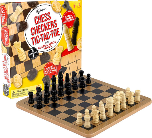 Reversible Wooden Board for Chess, Checkers & Tic-Tac-Toe - 24 Interlocking Wooden Checkers and 32 Standard Chess Pieces - for Age 8 to Adult for Family Fun
