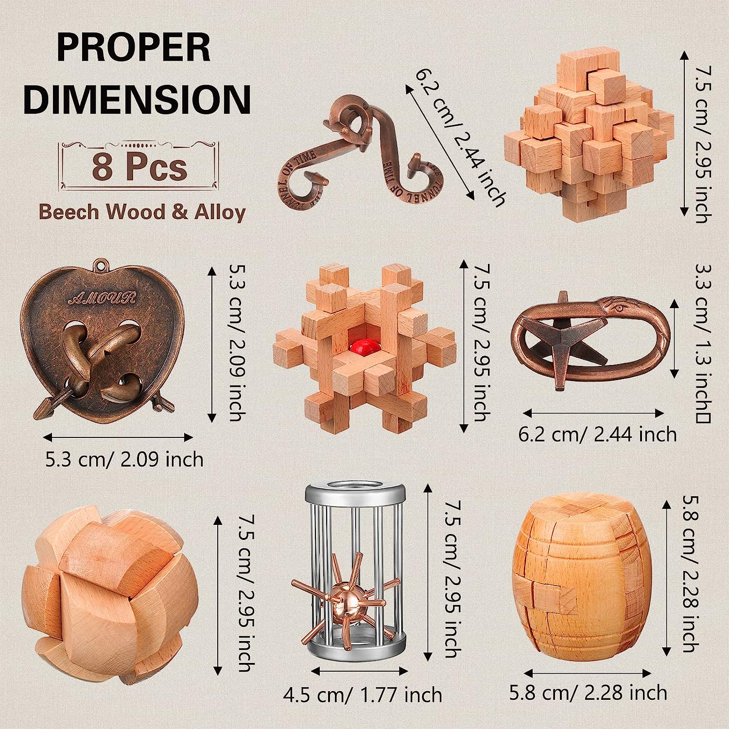 8 Pcs Brain Teaser Puzzles for Adults Logic Wooden Brain Teasers Mind Puzzles and Metal Puzzle Fidget Fun Educational IQ Games 3D Unlock Interlock for Adults Kids Teen Boys Girls Gift