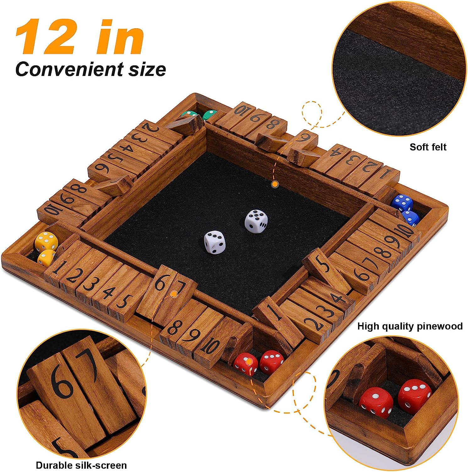 Shut The Box Game Wooden for 1-4 Players，Educational & Fun Wooden Board Game with 10 Dice and Shut-The-Box Instructions for Kids & Family，Great Pub Dice Game for Adults. (12 Inches)