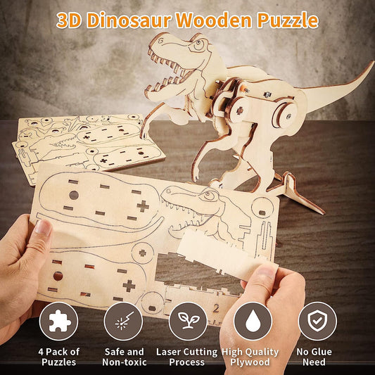 STEM Projects Kits for Kids Age 8-10-12, 4 in 1 3D Wooden Puzzles Dinosaur Craft for 6-8, Building Toys for Boys Ages 8-12, Wood Woodworking Model Kits, DIY Dino Robot Kit