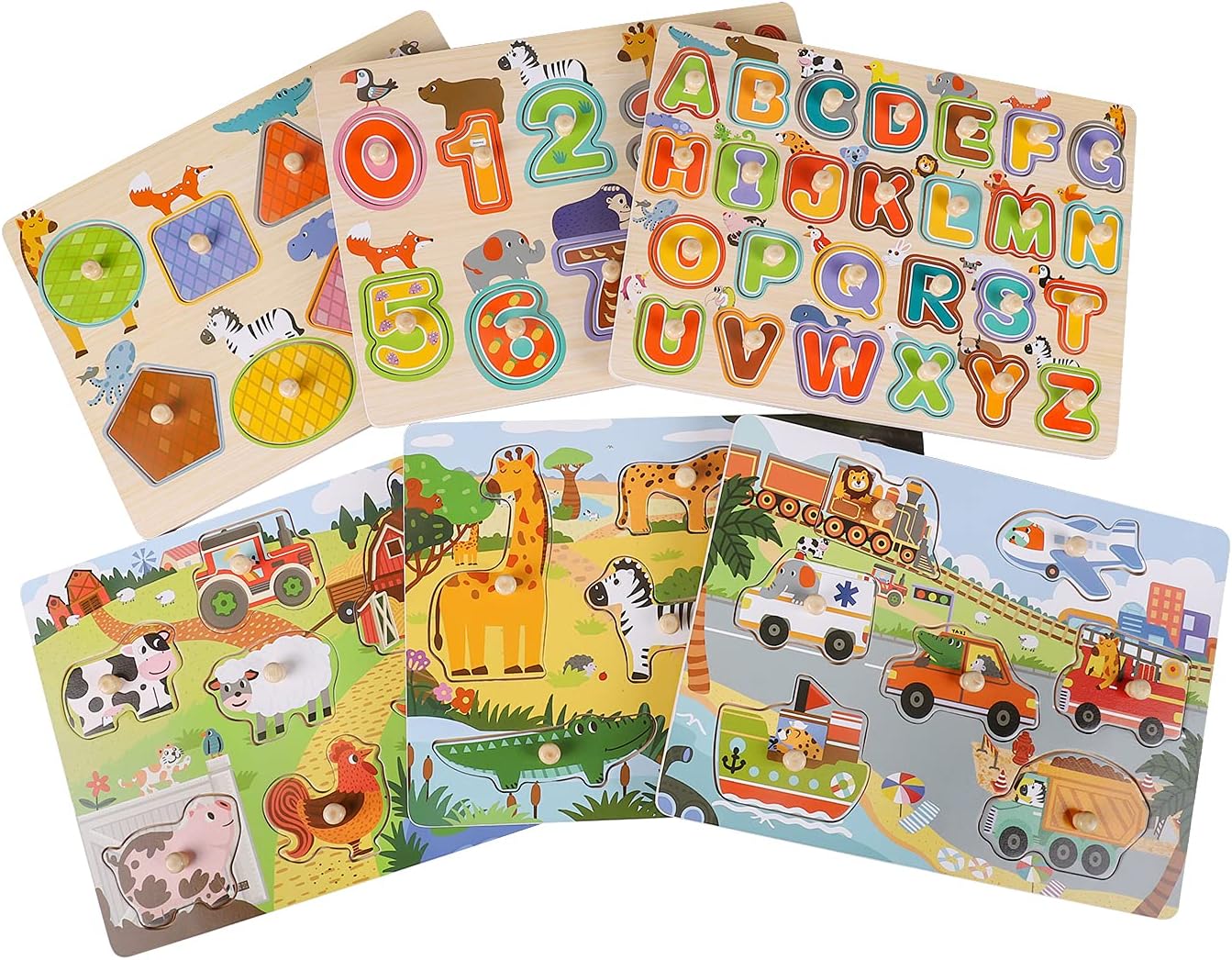 6 Pack Wooden Peg Puzzles for Toddler Alphabet Numbers Animals Educational Learning Toys Wooden Puzzles for Toddlers Kids Ages 1-3 Years Old Boys Girls Gift