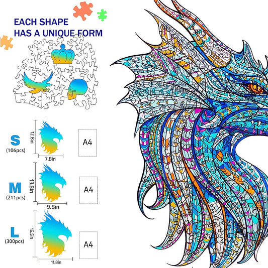 Wooden Jigsaw Puzzles- Warrior Dragon Puzzle Unique Shape Animal Wooden Puzzle, Best Gift for Adults and Kids, Family Game Play Collection