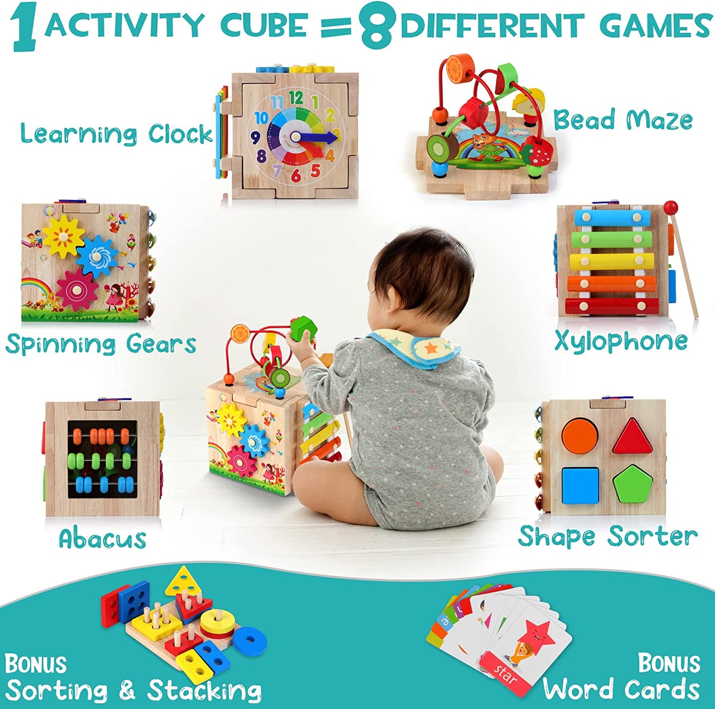 Wooden Activity Cube, 8-in-1 Toys Gift Set for 12+ Months Boys & Girls, Educational Learning Toys for Toddlers Age 1-2, One Year Old Baby Birthday Gifts, Bonus Sort & Stack Board