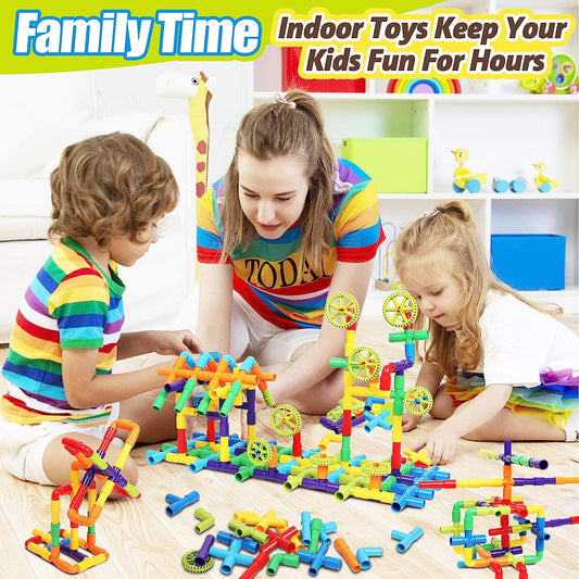 175 Piece STEM Building Blocks, Pipe Tube Sensory Toys, Creative Tube Locks Construction Set with Wheels Baseplate, Preschool Educational Learning Toys, Present Gift for Toddler Boys Girls Aged 3+