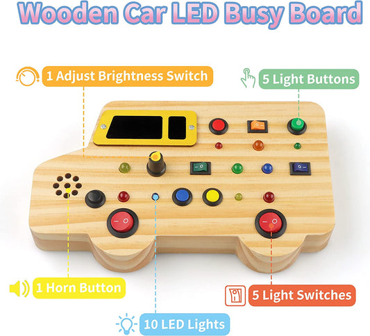 Wooden Toddler Toys Busy Board, Sensory Toys with Light up LED Sounds Buttons Wooden Car Toys, Education Toys Toys for 1+ Year Old Boy/Girl Baby Gifts Kids Toys