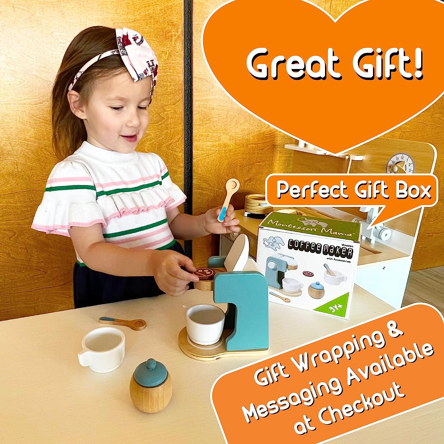 Kids Barista Play Kitchen Accessories Coffee Maker Toy | Wooden Toys Play Coffee Maker Set for Kids | Childrens Coffee Toy for 3 Year Old +