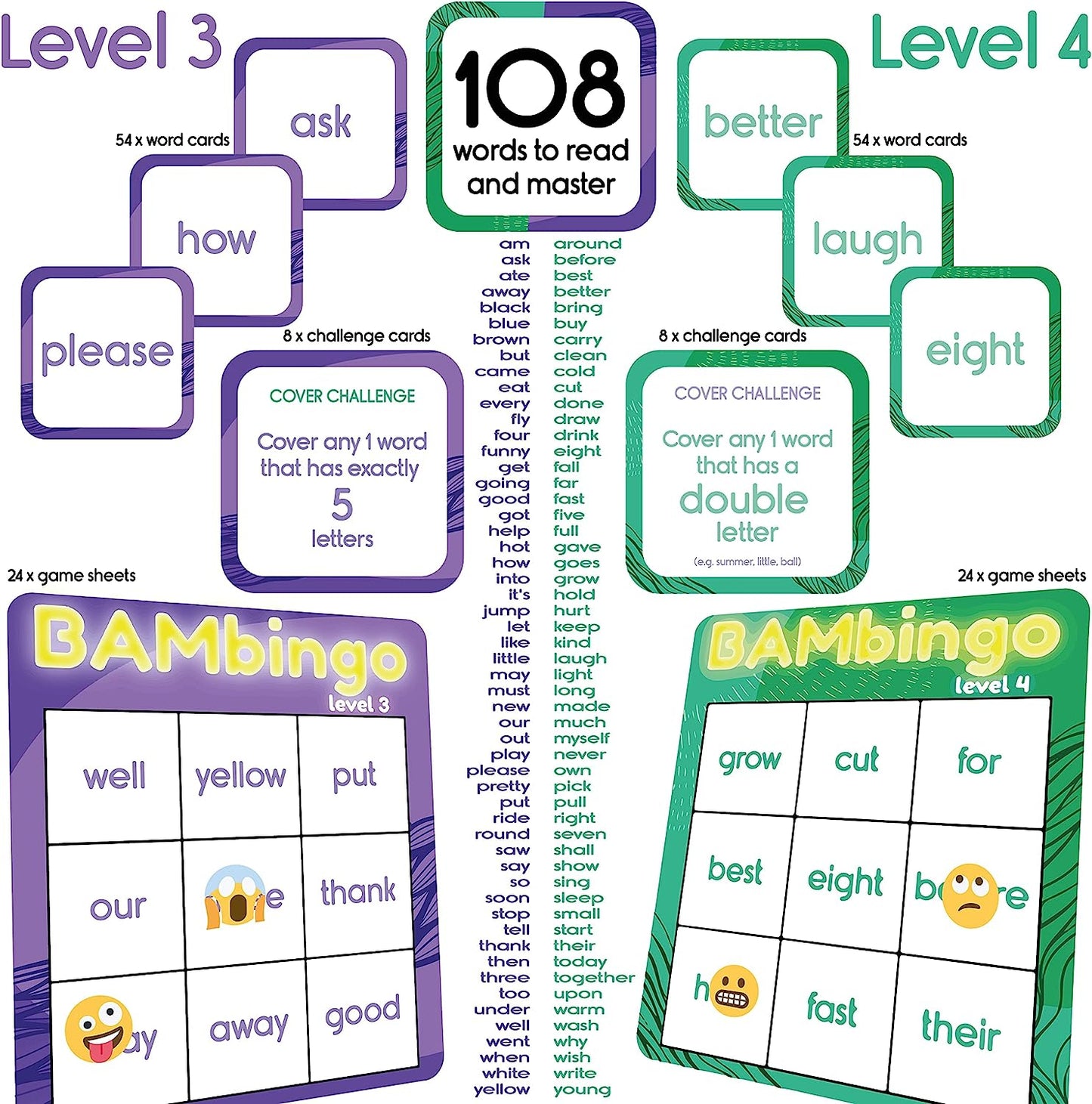 Sight Word Bingo Game Level 3 and Level 4 - Learn to Read Vocabulary for 1st Grade 2nd Grade Kids - Family Fun Learning Dolch's Fry's Site Words Reading Game