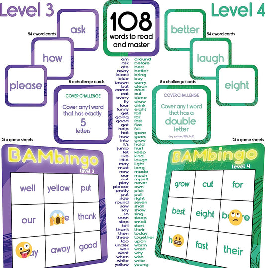 Sight Word Bingo Game Level 3 and Level 4 - Learn to Read Vocabulary for 1st Grade 2nd Grade Kids - Family Fun Learning Dolch's Fry's Site Words Reading Game