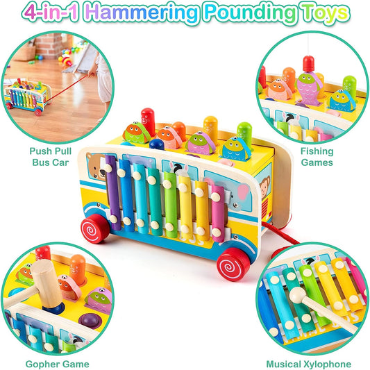 Wooden Toys for 1 Year Old, Hammering Pounding Toys, with Whack a mole Fishing Game Xylophone Preschool Learning Educational Toys, for 1 2 3 4 Year Toddler Chris as Birthday Gift
