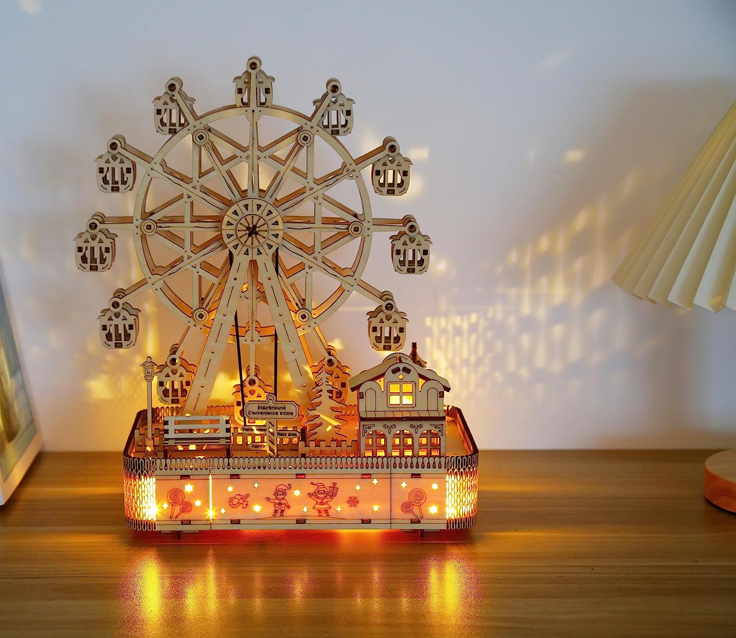 3D Wooden Puzzles for Adults Train Model Building Kits DIY Ferris Wheel Music Box Built-in LED Wood Crafts(183 PCS)