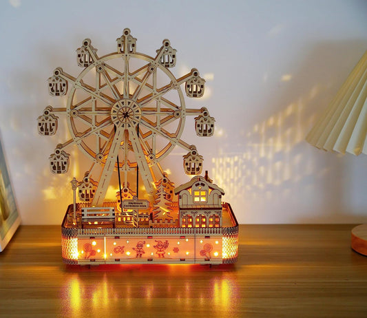 3D Wooden Puzzles for Adults Train Model Building Kits DIY Ferris Wheel Music Box Built-in LED Wood Crafts(183 PCS)