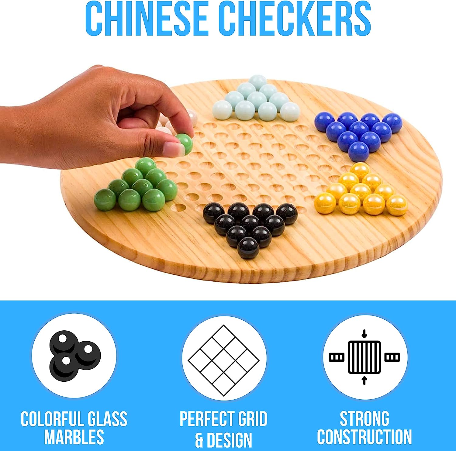 Chinese Checkers -11.5” Natural Wood Game Board with 60 Glass Marbles Assorted, Fun, Family-Friendly Board Game - Ideal for Up to 6 Players Ages 8+